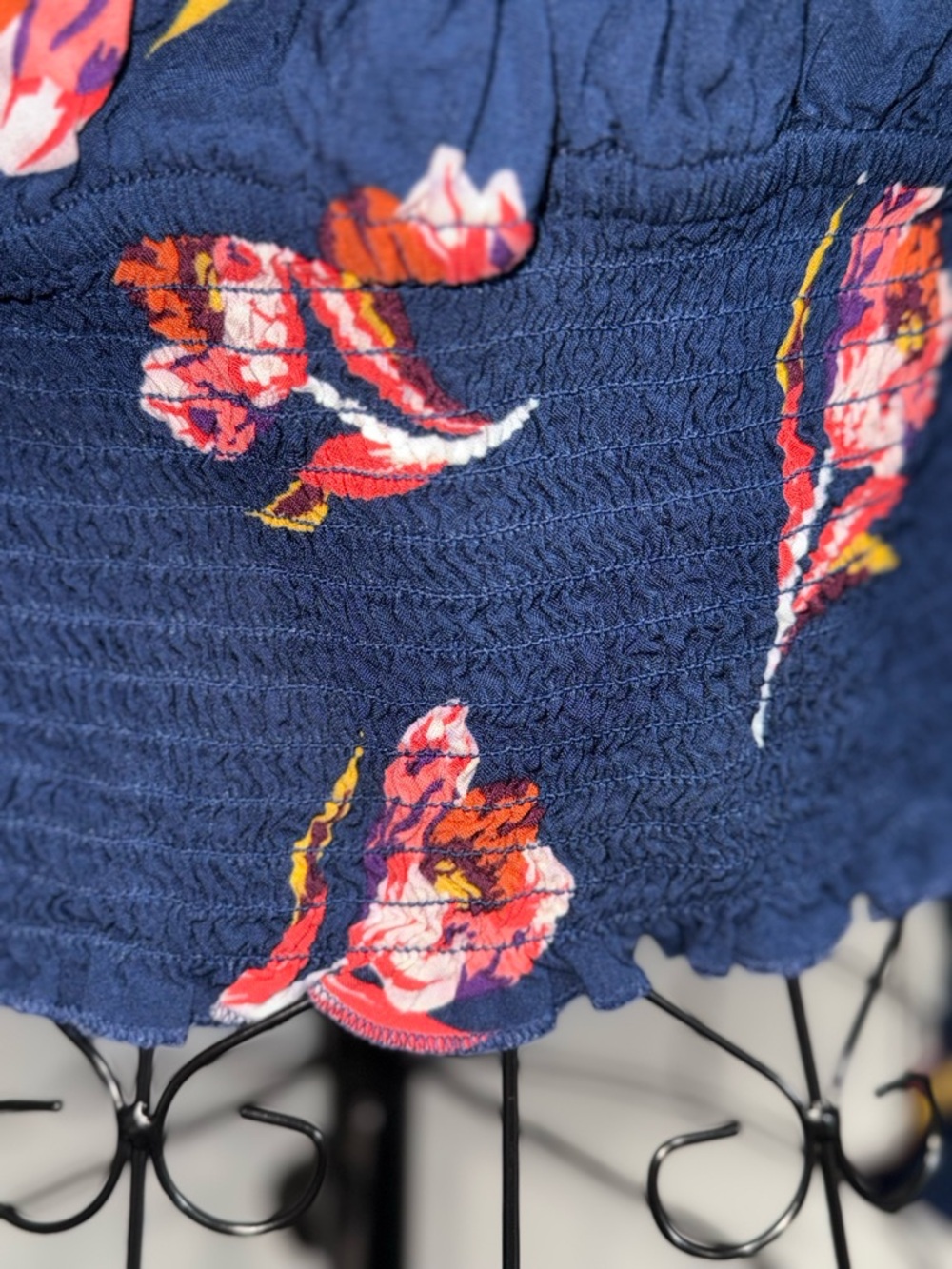 Express Navy Floral Off-Shoulder Smocked Waist Blouse - Picture 8 of 11